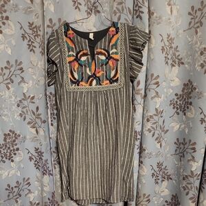 Love Gray Striped Top with Colorful Embroidery